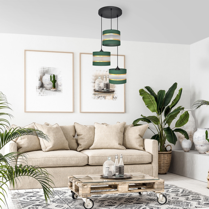 Kattokruunu johdossa HELEN 3xE27/15W/230V vihreä/kulta