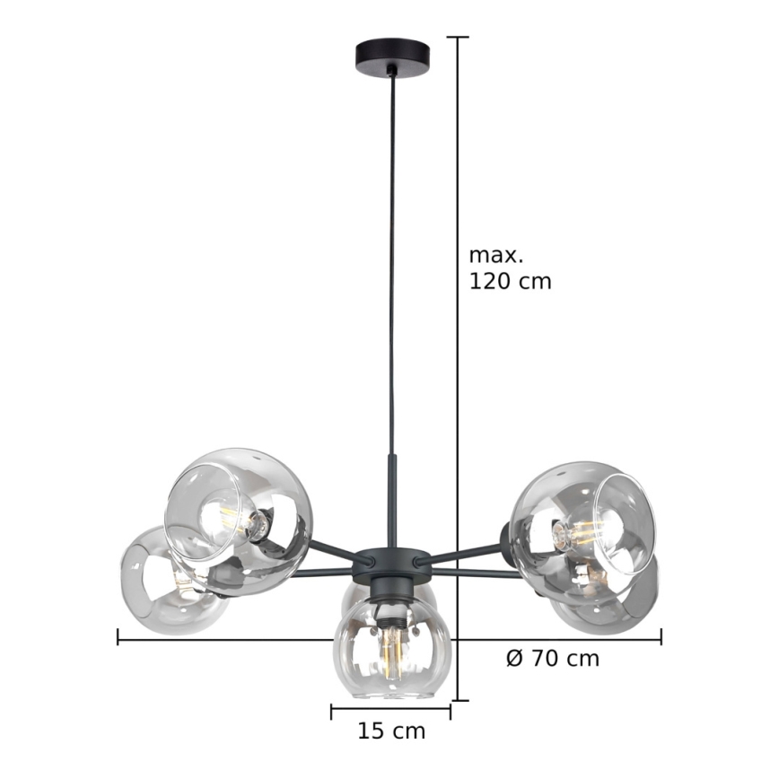 Kattokruunu johdossa KALIOPE 6xE27/60W/230V musta/läpinäkyvä