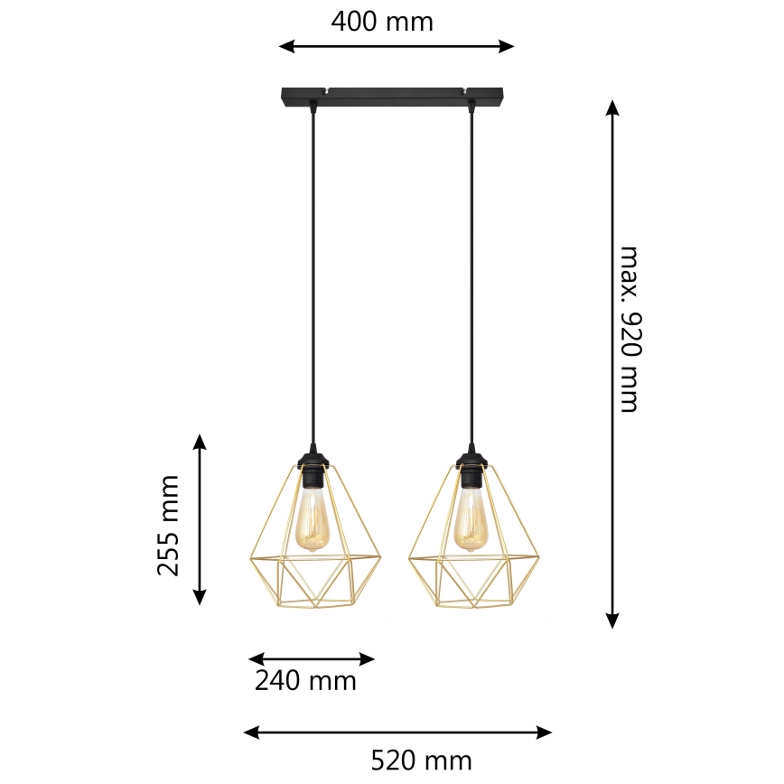 Kattokruunu johdossa KARO 2xE27/15W/230V kulta/musta