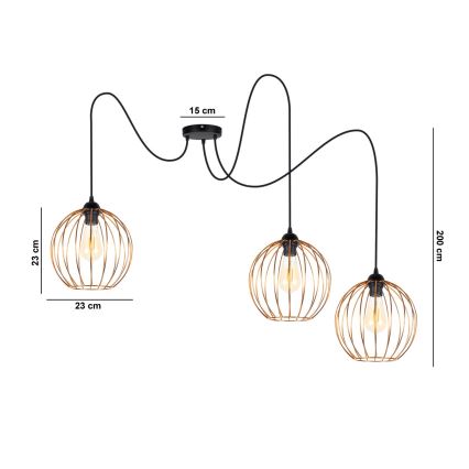 Kattokruunu johdossa MATT 3xE27/60W/230V hämähäkki musta/kupari