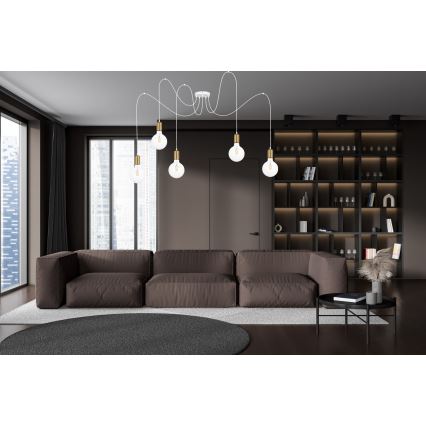 Kattokruunu johdossa MIROS 5xE27/60W/230V hämähäkki valkoinen/kulta