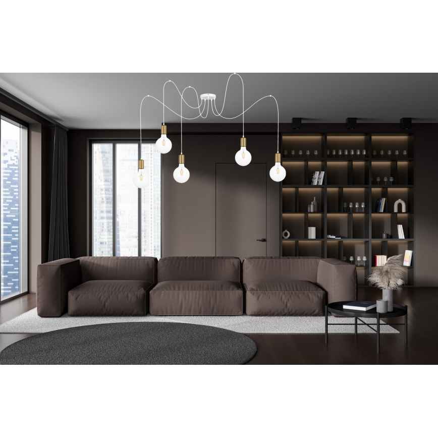 Kattokruunu johdossa MIROS 5xE27/60W/230V hämähäkki valkoinen/kulta