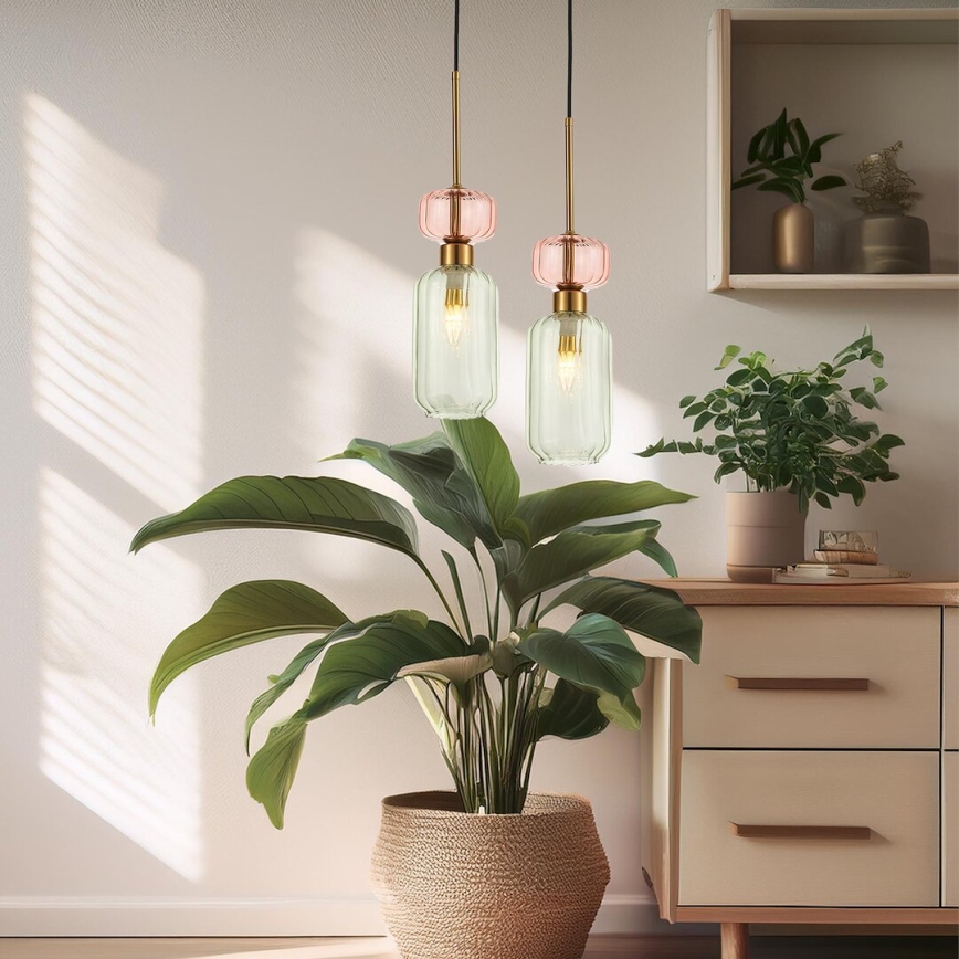 Kattokruunu johdossa MOLLY 1xE14/40W/230V halkaisija 12 cm kulta/vihreä/vaaleanpunainen