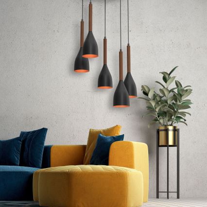 Kattokruunu johdossa MUZA 5xE27/15W/230V musta/ruskea/kupari/pyökki