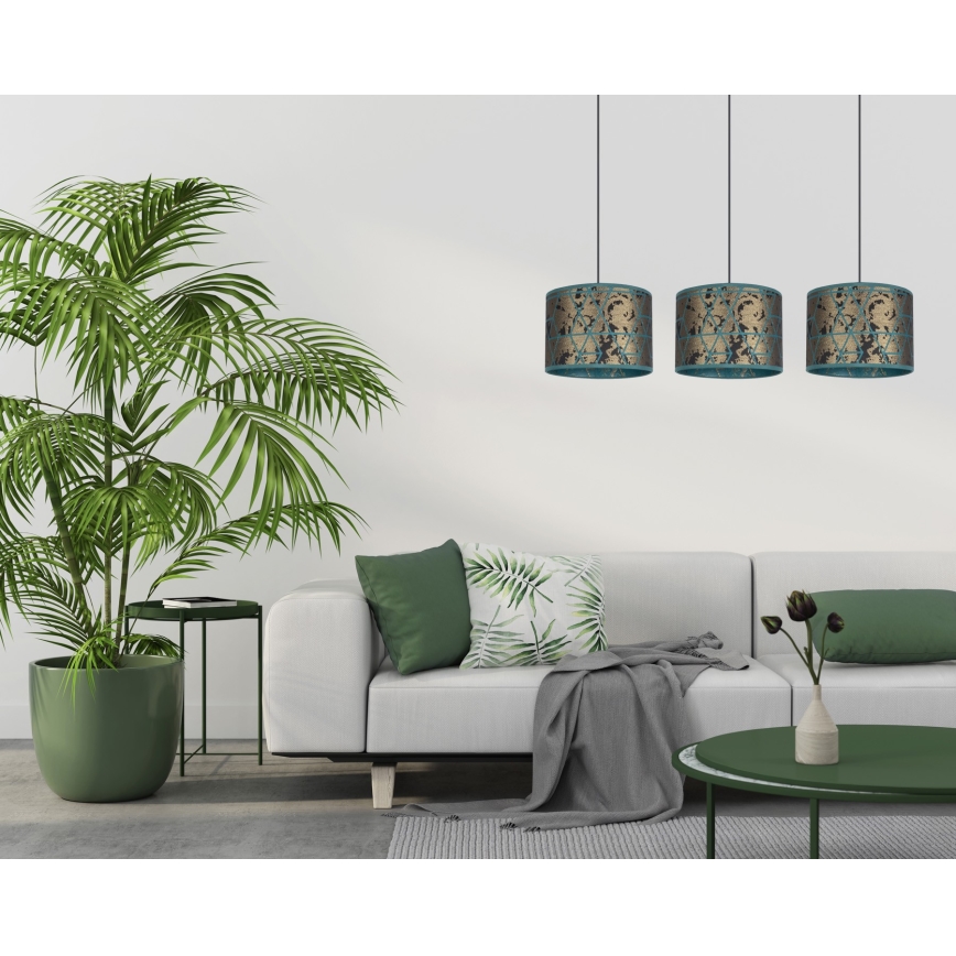 Kattokruunu johdossa REZO 3xE27/60W/230V kulta/turkoosi