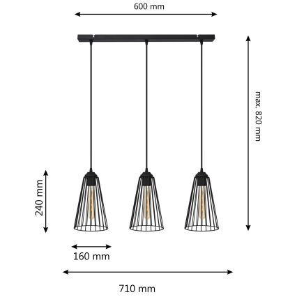 Kattokruunu johdossa TORRI 3xE27/15W/230V musta