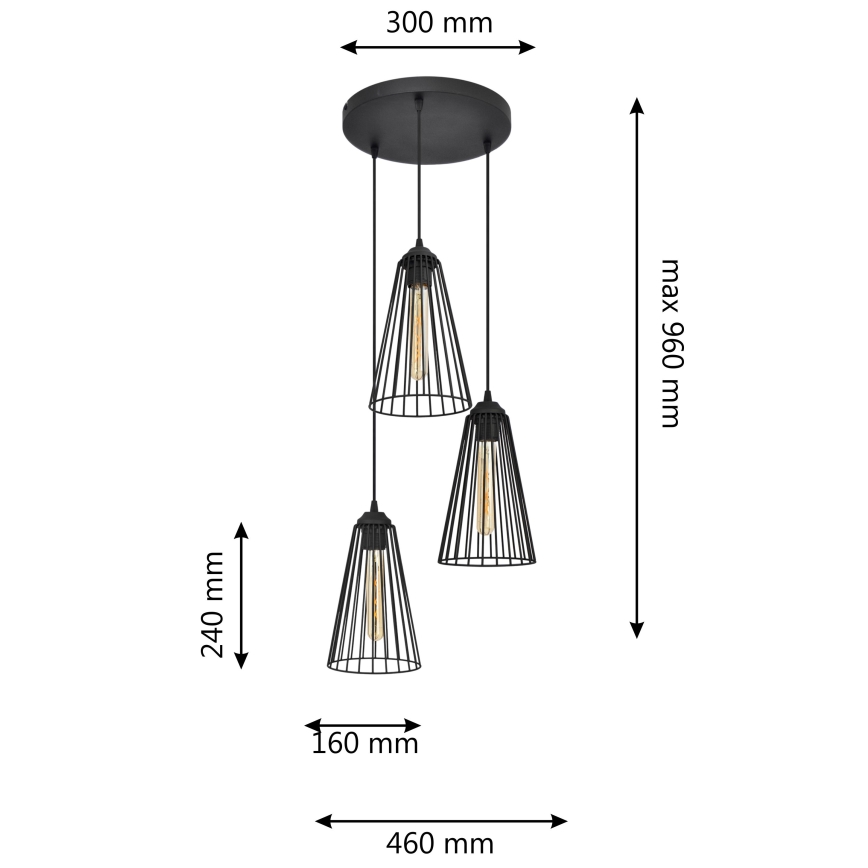 Kattokruunu johdossa TORRI 3xE27/15W/230V musta