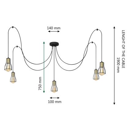Kattokruunu johdossa TUBE 5xE27/15W/230V hämähäkki musta/kiiltävä kromi