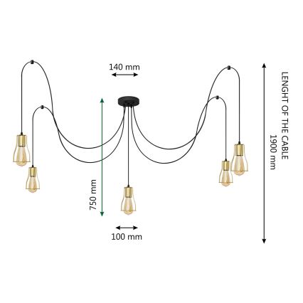 Kattokruunu johdossa TUBE 5xE27/15W/230V hämähäkki musta/kulta