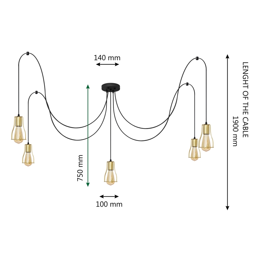 Kattokruunu johdossa TUBE 5xE27/15W/230V hämähäkki musta/kulta