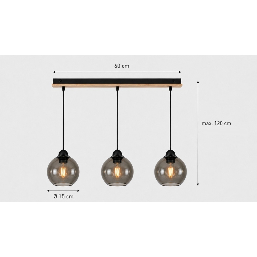 Kattokruunu johdossa UNO WOOD 3xE27/60W/230V musta/ruskea