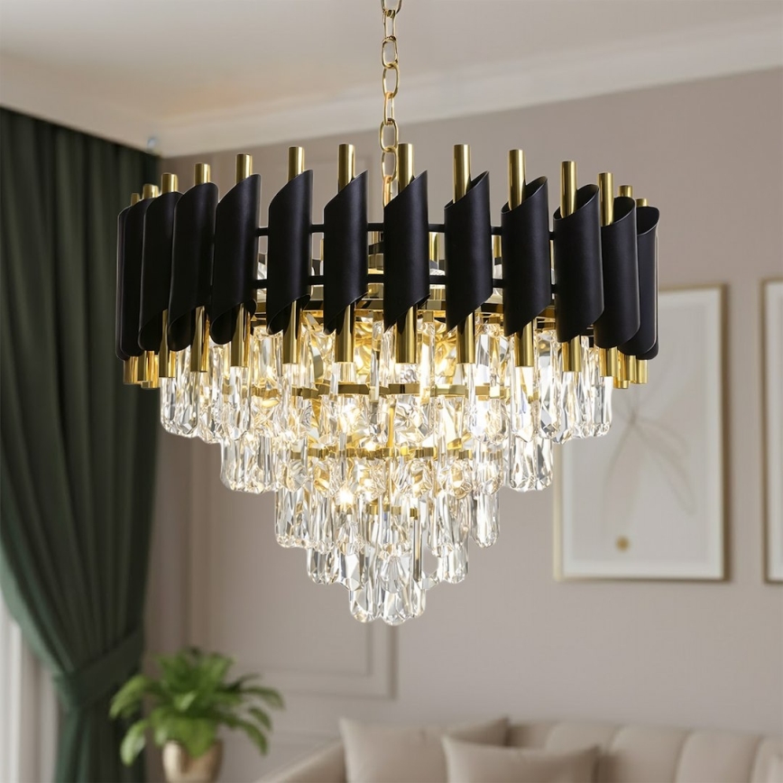 Kattokruunu ketjulla CRISTAL 7xE14/10W/230V musta/kultainen
