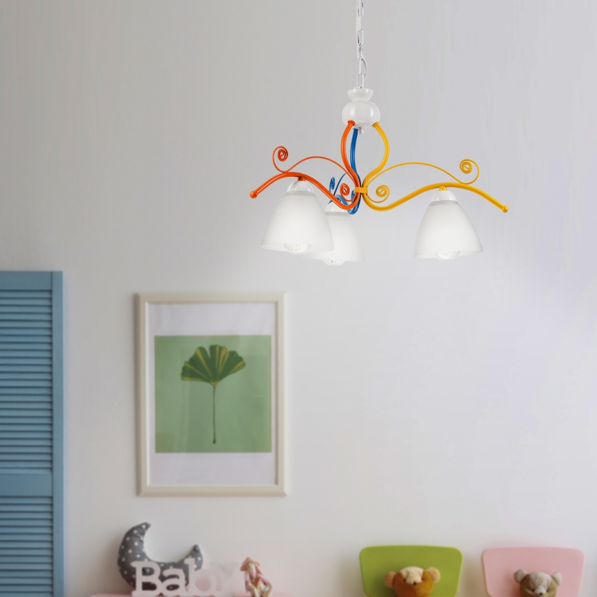 Kattokruunu ketjussa RETRO 3xE27/60W/230V valkoinen/värikäs