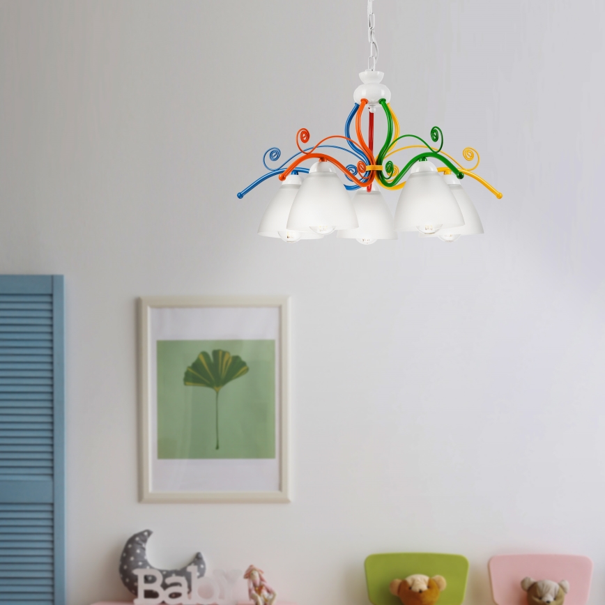 Kattokruunu ketjussa RETRO 5xE27/60W/230V valkoinen/värikäs