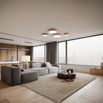 Kattovalaisin liike- ja hämärätunnistimella CLEO 6xE27/24W/230V, halkaisija 80 cm, tammi