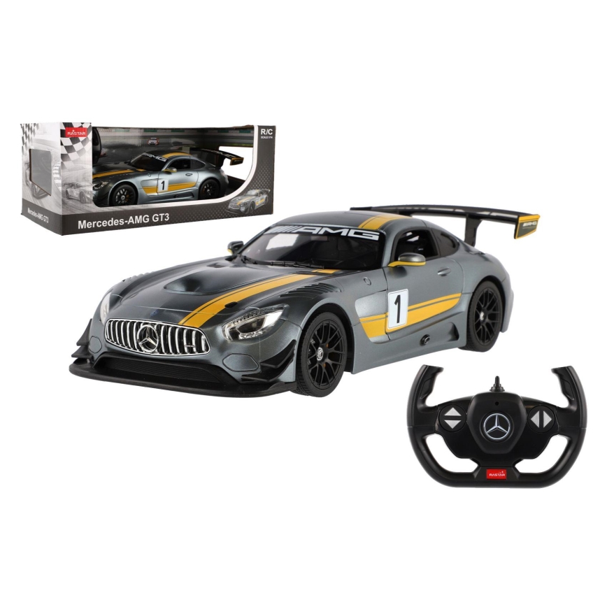 Kaukosäätimellä varustettu Mercedes AMG GT3 RASTAR RC-auto, 5xAA + 2xAA, harmaa