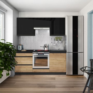 Keittiökaluste MARINA 180 cm, craft-tammi/kiiltävä musta