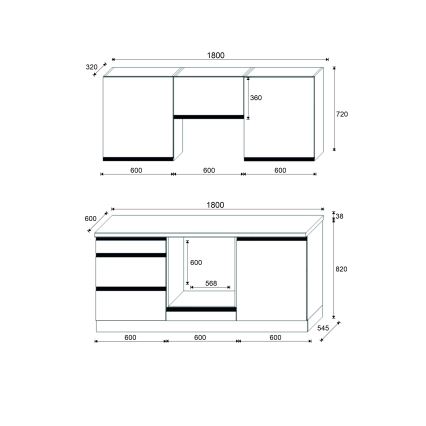 Keittiökaluste MARINA 180 cm, craft-tammi/kiiltävä musta