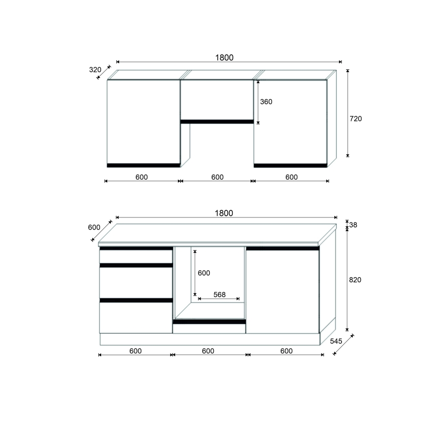 Keittiökaluste MARINA 180 cm, craft-tammi/kiiltävä musta
