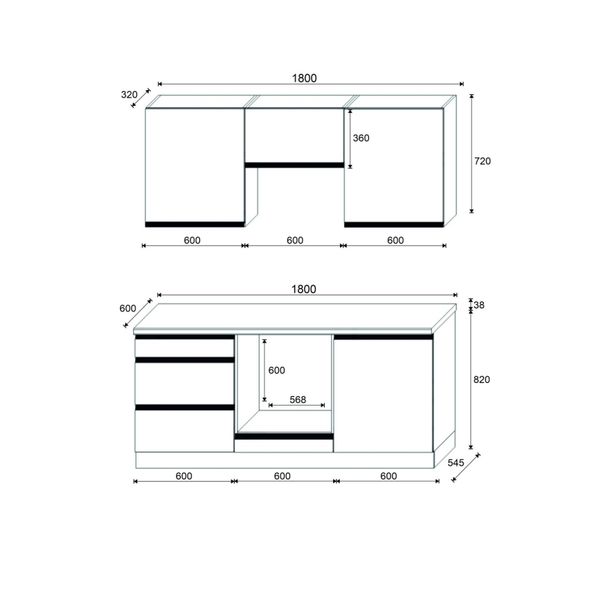 Keittiökaluste MARINA 180 cm tammi craft/kiiltävä valkoinen