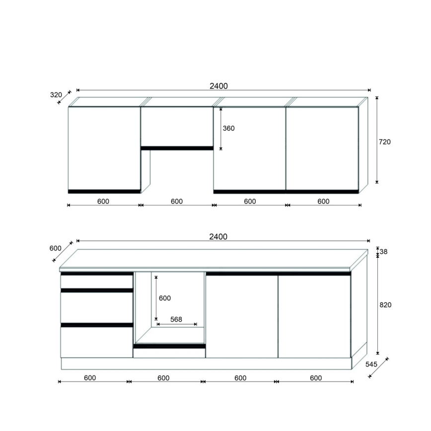 Keittiökaluste MARINA 240 cm, craft-tammi/kiiltävä valkoinen