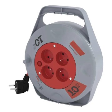 Kelallinen jatkojohto 4 pistorasialla, 10 m, harmaa/punainen