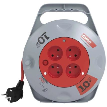 Kelallinen jatkojohto 4 pistorasialla, 10 m, harmaa/punainen