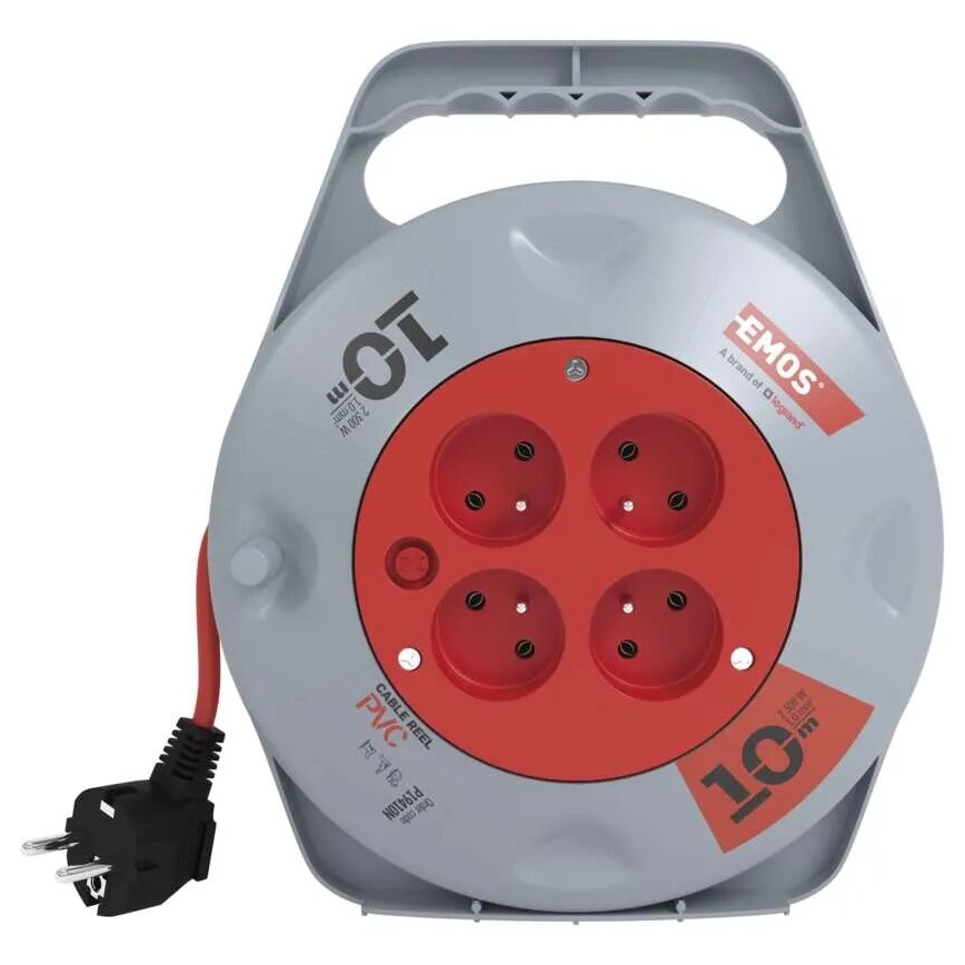 Kelallinen jatkojohto 4 pistorasialla, 10 m, harmaa/punainen