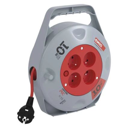 Kelallinen jatkojohto 4 pistorasialla, 10 m, harmaa/punainen