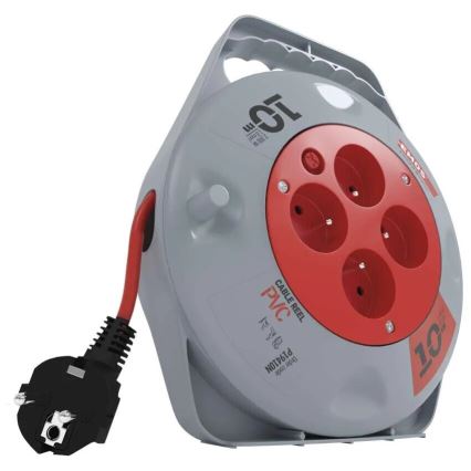 Kelallinen jatkojohto 4 pistorasialla, 10 m, harmaa/punainen