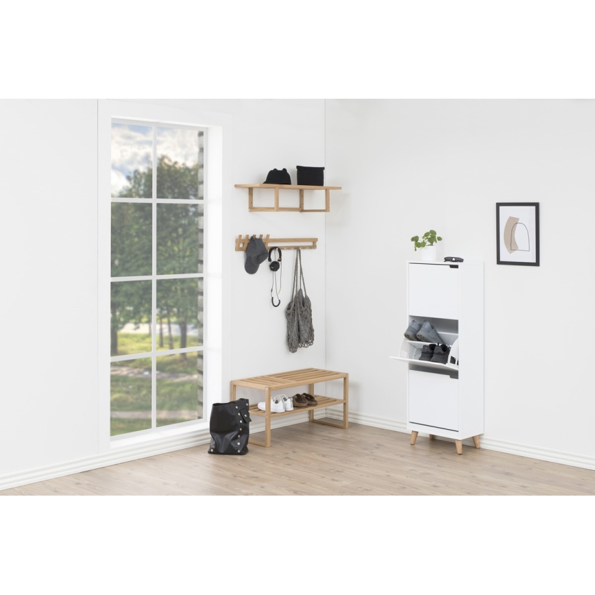 Kenkäteline, jossa 3 laatikkoa CARLY valkoinen