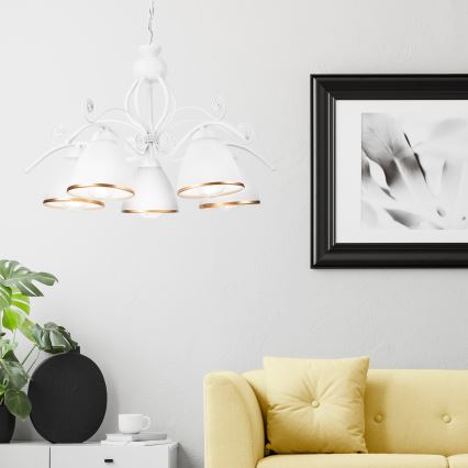 Ketjulla roikkuva RETRO II -kattokruunu 5xE27/60W/230V, valkoinen