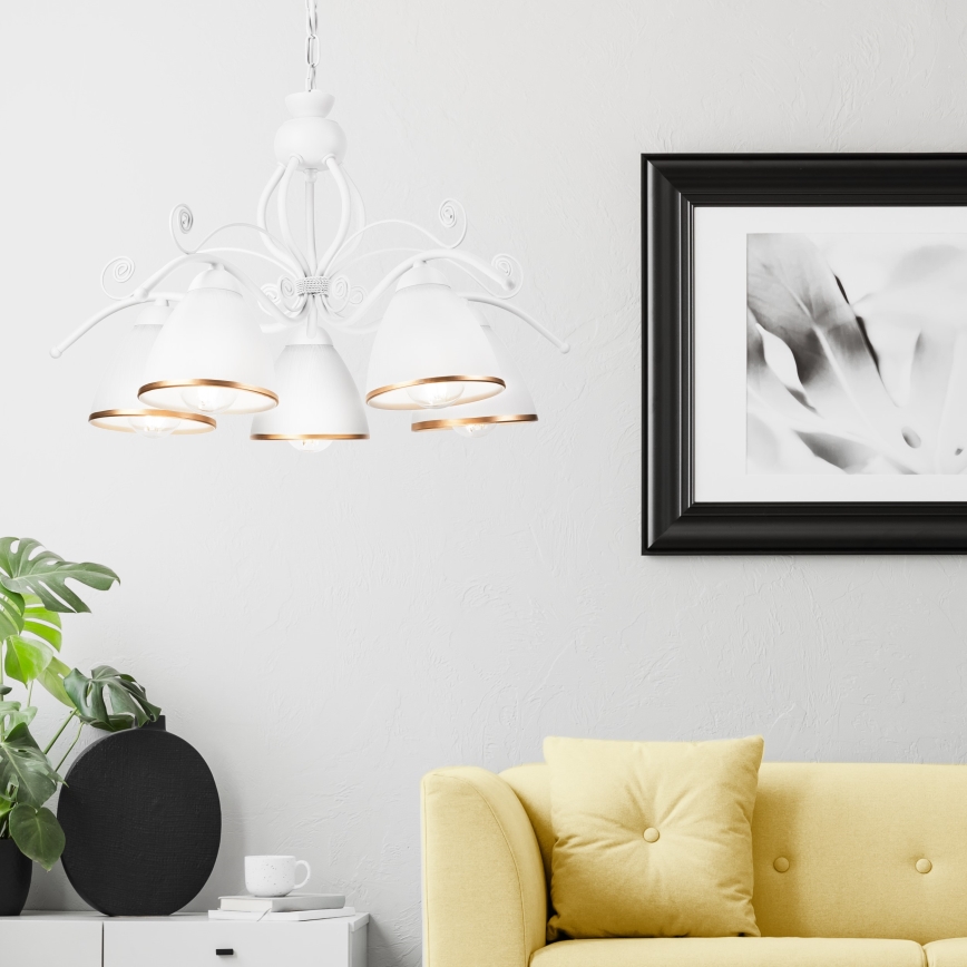 Ketjulla roikkuva RETRO II -kattokruunu 5xE27/60W/230V, valkoinen