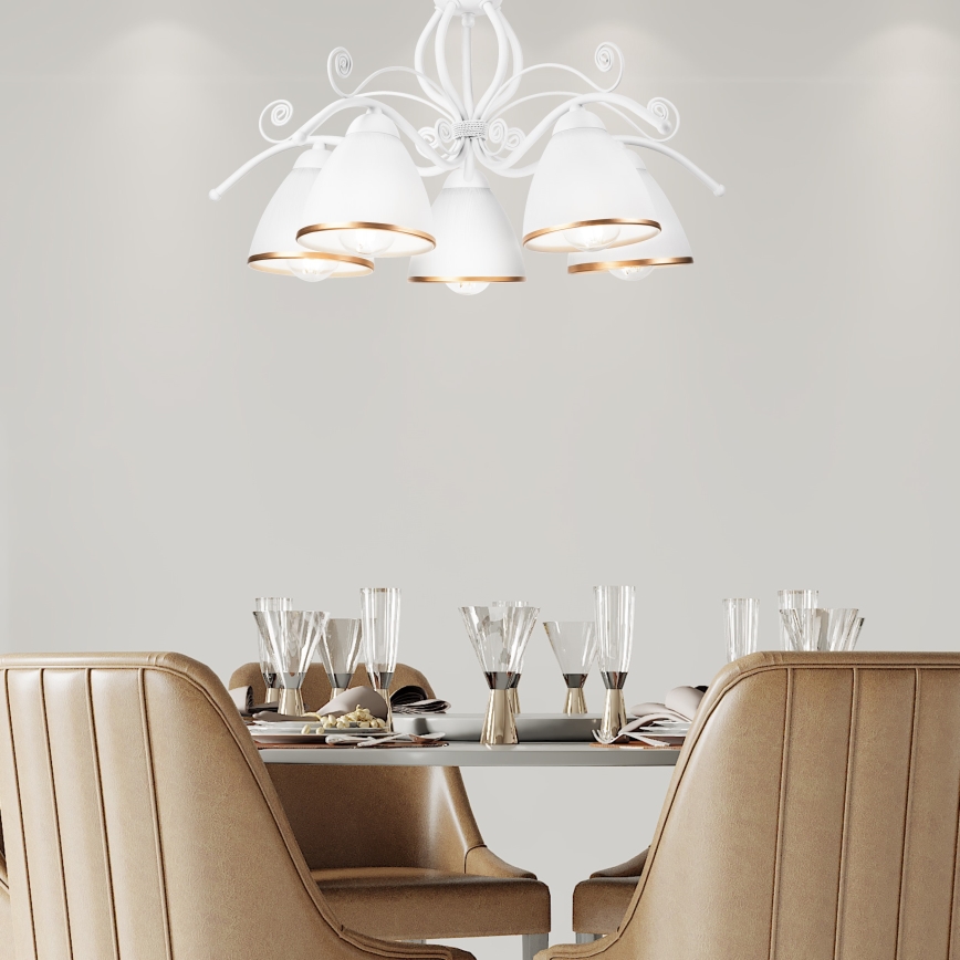 Ketjulla roikkuva RETRO II -kattokruunu 5xE27/60W/230V, valkoinen