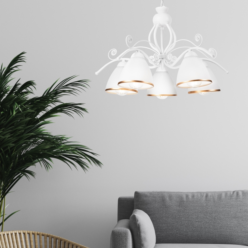 Ketjulla roikkuva RETRO II -kattokruunu 5xE27/60W/230V, valkoinen