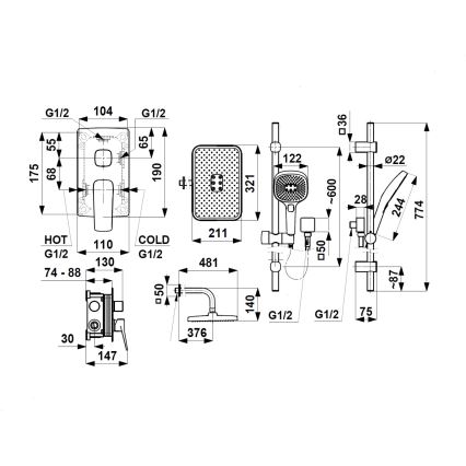 KFA Armatura 4529-301-61 - MALAGA uppoasennettava suihkusetti, metallinhohtoinen harmaa