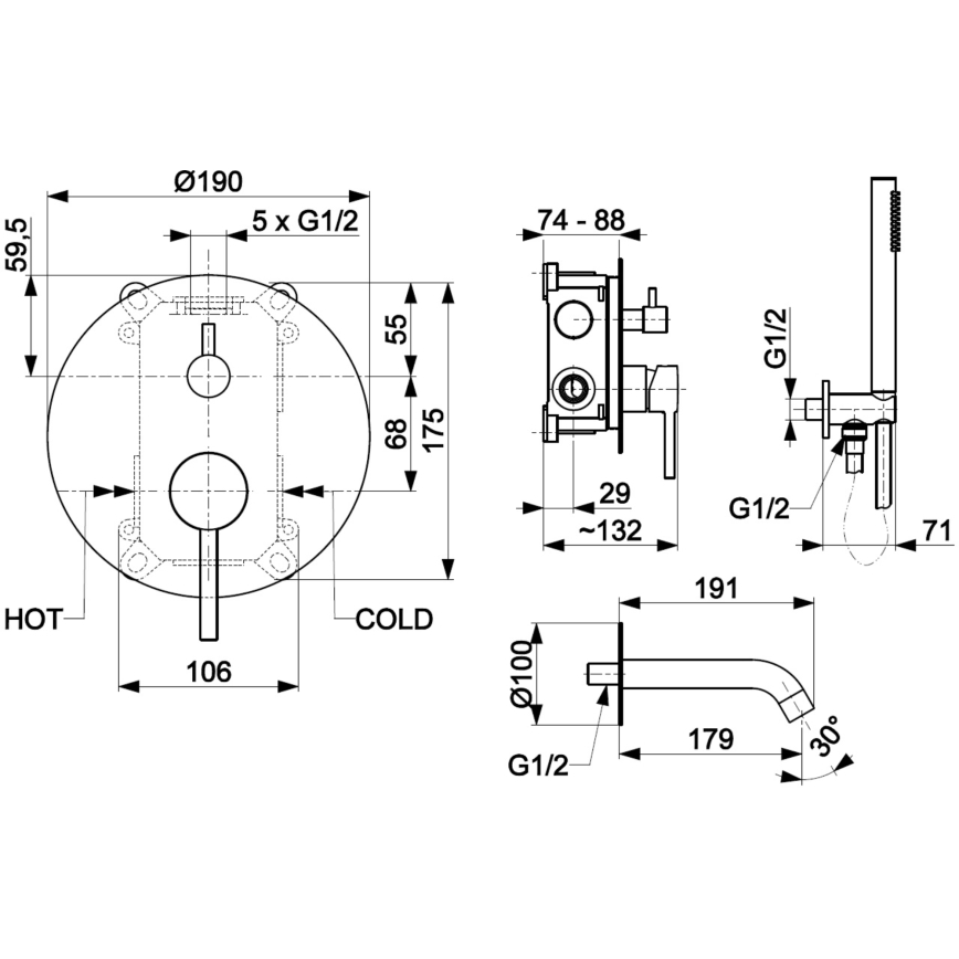 KFA Armatura 5039-401-00 - Kylpyammesarja, jossa piilohana MOZA kiiltävä kromi
