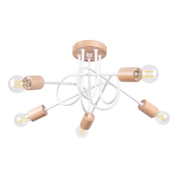 Kiinteä kattokruunu EMBER 5xE27/15W/230V valkoinen/beige/pyökki