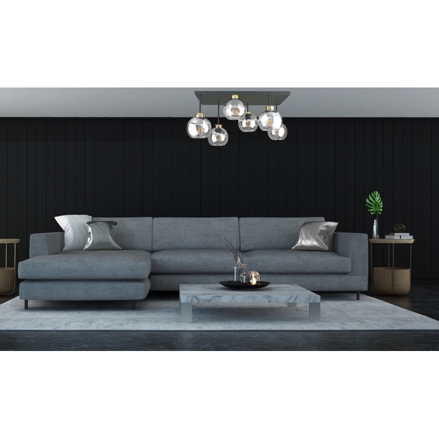 Kiinteä kattokruunu NESSA 6xE27/60W/230V musta/kulta/läpinäkyvä