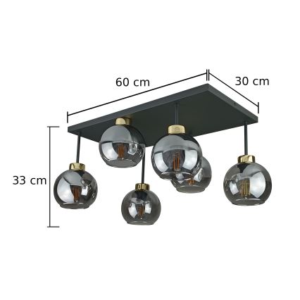 Kiinteä kattokruunu NESSA 6xE27/60W/230V musta/kulta/savuinen musta