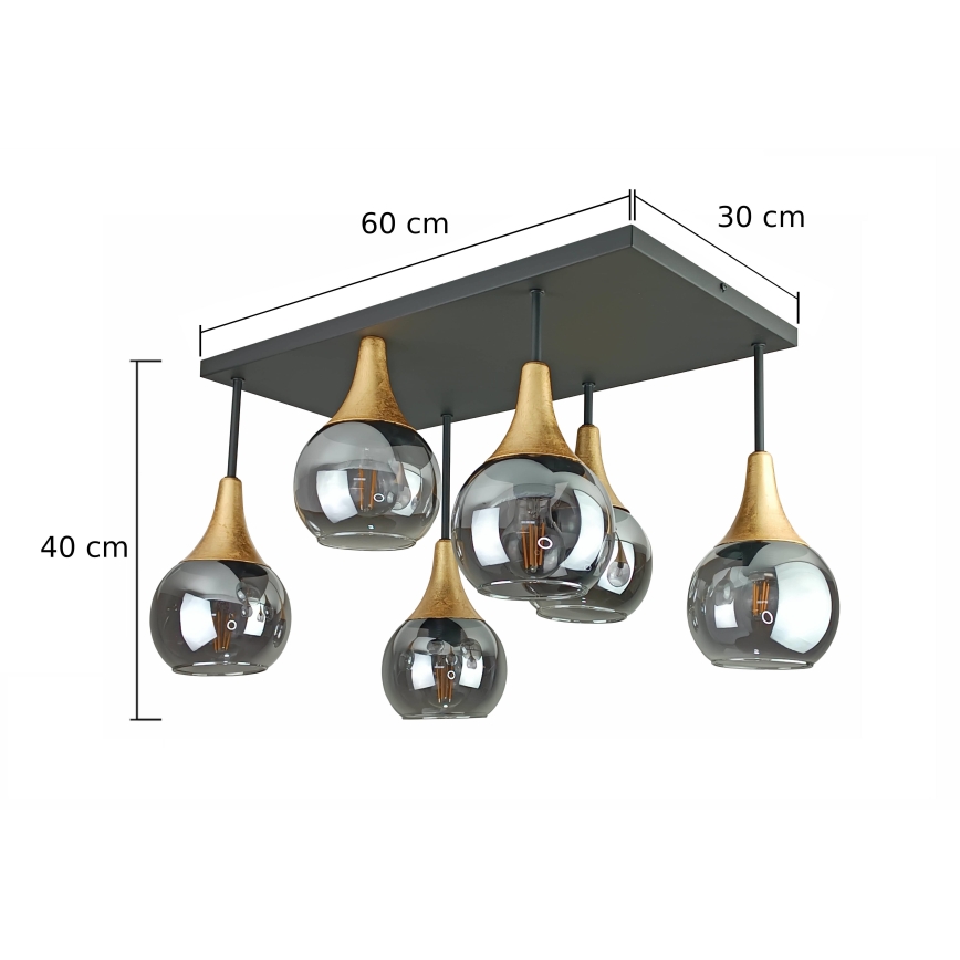 Kiinteä kattokruunu SOMA 6xE27/60W/230V musta/kulta/savuinen musta
