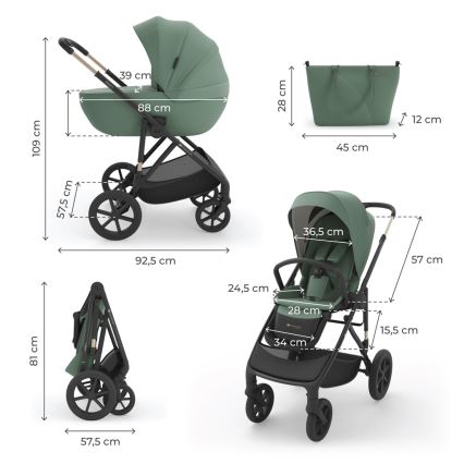 KINDERKRAFT - Yhdistelmävaunut 3-in-1 PRIME 3, tummanvihreä