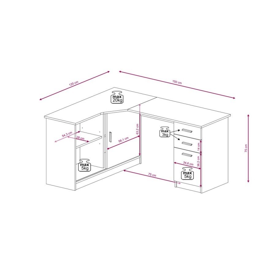Kirjoituspöytä ROBERTO hyllyllä ja laatikoilla, vasenkätinen, artisan-tammi/valkoinen