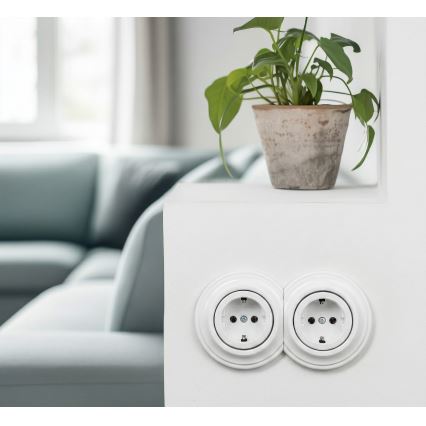 Kliklap - Kaksinkertainen retro-pistorasia kotikäyttöön kehyksellä SCHUKO 230V lumivalkoinen
