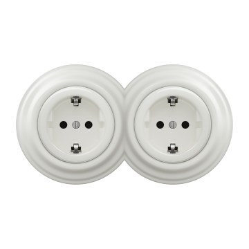 Kliklap - Kaksoisretro-pistorasia kotikäyttöön, kehys mukana, SCHUKO 230V/16A, keraaminen, valkoinen