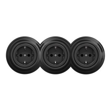 Kliklap - Kolmipaikkainen retro-pistorasia kotikäyttöön, SCHUKO, 230 V, musta