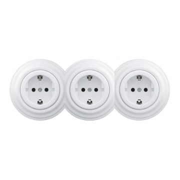 Kliklap - Kolmoispistorasia retro-tyylinen kotikäyttöön, SCHUKO 230V, kehys, lumivalkoinen