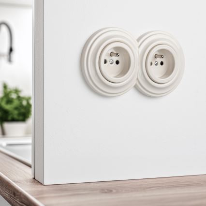 Kliklap - Retro-tyylinen kaksoispistorasia kotikäyttöön kehyksellä, 230V, beige