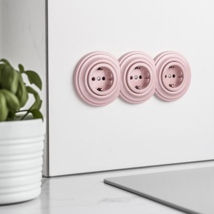 Kliklap - Retro-tyylinen kolmiosainen pistorasia kotikäyttöön kehyksellä SCHUKO 230V antiikkiroosa