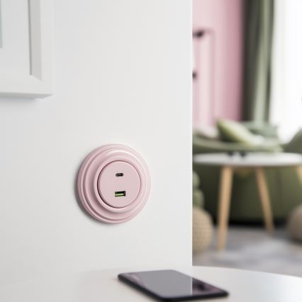 Kliklap - Retro-tyylinen USB-pistorasia (USB-A + USB-C) kehyksellä, antiikkiroosa